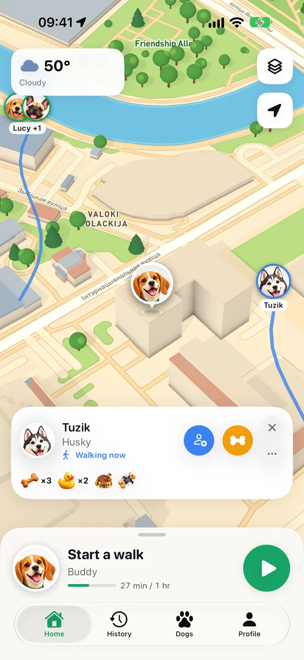 TapPaw map with walkers nearby and a walker’s card: gifts, Add friend and Send a gift
